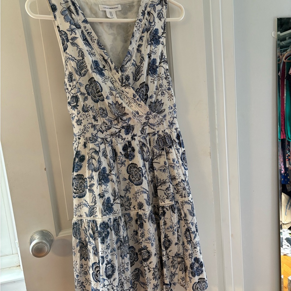 Lucky Brand Blue and Cream Floral Midi Dress